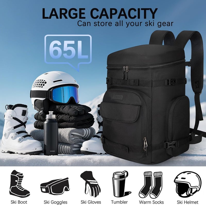 Tenfly Ski Boot Bag,65L Snowboard Boot Bag for Air Travel,Padded Ski Bakcpack for Helmet, Goggles, Gloves, Skis - Image 2